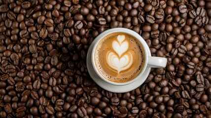 A heart-shaped coffee cup with a background decorated with coffee beans.