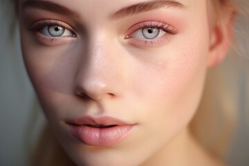 Fototapeta premium Drops of water on a young girl's face. Natural makeup effect of wet skin. Beautiful woman eye close-up. Concept of youth and beauty
