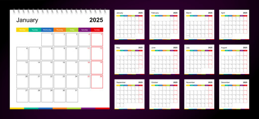 Colorful wall calendar for 2025 on dark background, week starts on Monday.