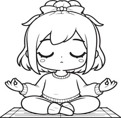 A cartoon style cute girl  meditation line art design  