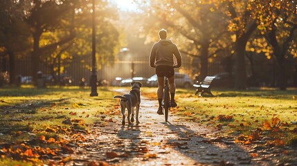 A person riding a bike in the park, jogging on a nature trail, or walking the dog. Show an active and healthy life
