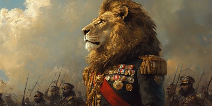 Lion general in uniform leads an army.