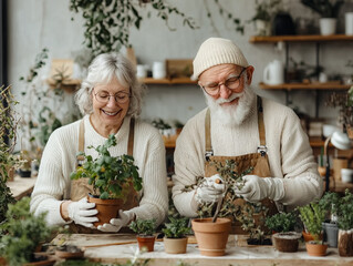 A couple of older people are in a greenhouse, tending to plants