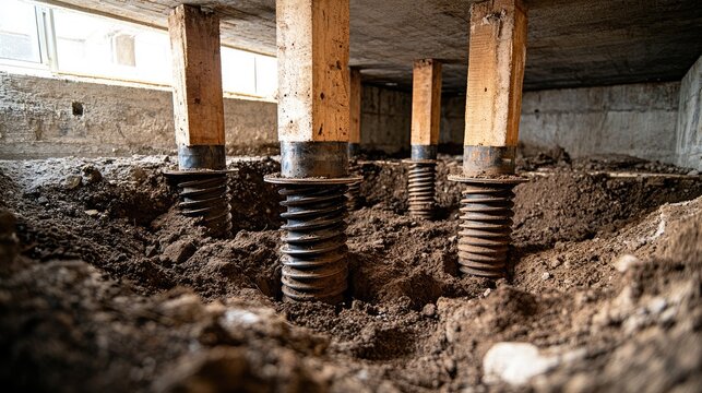 Foundation supports holding up a house. This photo shows how house foundation supports are installed for a home.