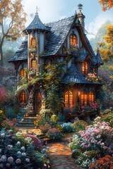 Fototapeta premium An intricate, fantasy-style cottage with twisting turrets and a thatched roof sits among a garden of exotic flowers, surrounded by a misty, ancient forest, in a cartoon watercolor style.