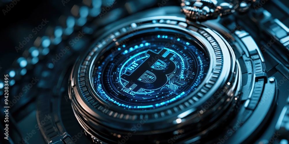 Poster a futuristic clock displaying a glowing bitcoin.