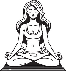 A cartoon style cute girl  meditation line art design  