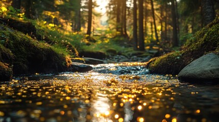 Mountain stream gold panning lush forest sparkling golden flakes in the pan sunlit water reflecting adventure excitement