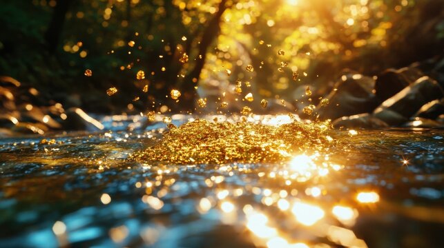 Mountain stream gold panning lush forest sparkling golden flakes in the pan sunlit water reflecting adventure excitement