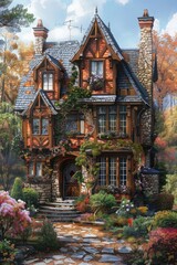 An elaborate, fantasy-style cottage with twisting turrets and a thatched roof stands amidst a garden of exotic blooms, encircled by an ancient, misty forest.