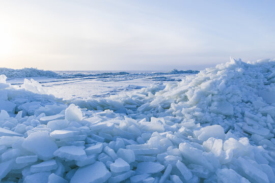 Winter landscape. Ice hummocks covered with snow