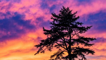 Silhouette of a cypress tree against the sky at sunset, with colorful clouds in pink and purple hues Generative AI