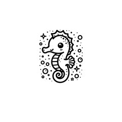 Artistic Black and White Seahorse Line Drawing with Doodle Art Elements, Suitable for Contemporary Home Decor, Fashion Design, and Creative Illustration