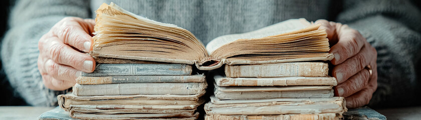 A person is holding an open book with many pages