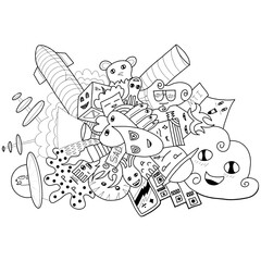 Joyful and sadness Black and White Cartoon Monsters and human emotion Party with objects space and earth cloud