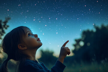 Fototapeta premium young girl looks up at a star-filled night sky with wonder, pointing at the stars, creating a serene and magical atmosphere