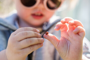 Cute little child girl toddler in sunglasses holds a ladybug. © KseniaJoyg