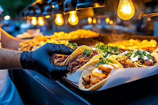 A dynamic image of a street food festival with a variety of stalls offering different cuisines, from Mexican tacos to Thai curries, with people enjoying the diverse offerings