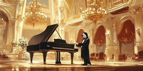 Penguin plays piano in a grand ballroom.