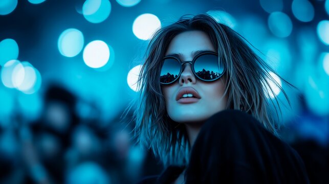 woman sunglasses black shirt front crowd blue lighting raver girl blur dreamy outdoor alluring lips faces hour stars festivals