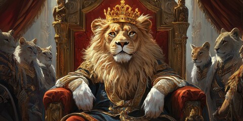 A lion king sits on a golden throne surrounded by