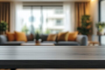 Empty mockup space on a tabletop with a blurred comfortable living room as a background with generative ai