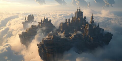 Fototapeta premium A grand, stone castle sits atop the clouds.