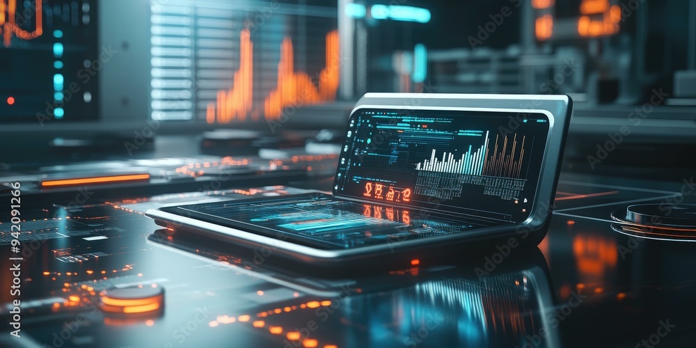 Poster a futuristic laptop with data charts and graphs.
