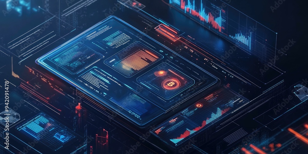 Poster digital interface with bitcoin symbol and charts.