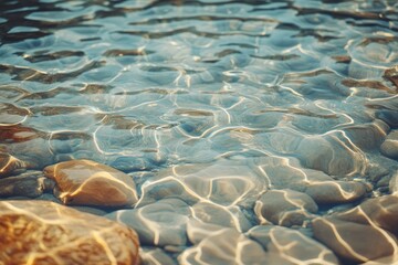 Fototapeta premium Clear water flowing over smooth stones. Perfect for illustrating tranquility, nature, and relaxation.
