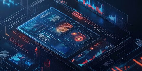 Obraz premium Digital interface with Bitcoin symbol and charts.