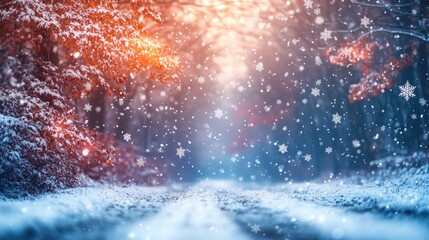 Serene Winter Wonderland with Snow Falling on Forest Path at Sunset