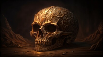 Fototapeta premium Ornate golden skull with intricate carvings emanating mystery against dark background