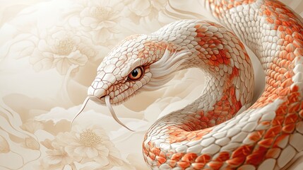 Fototapeta premium Detailed Artistic Illustration of a Colorful Snake with Floral Background