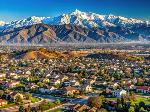 Sun-kissed hills and sprawling suburbs of Rancho Cucamonga, California, with snow-capped San Gabriel Mountains in the distance, under a brilliant blue sky.