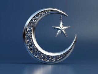 Intricate silver crescent moon with a detailed star on a blue background, celestial art

