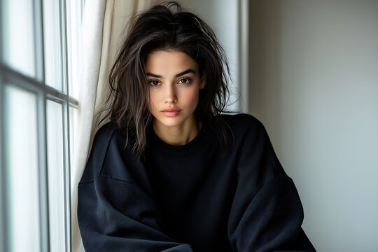woman sitting window black sweatshirt androgenic eyes face looking shoulder age short hair professional romanian clothes