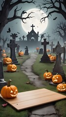 Old mansion, graveyard, candies and scary pumpkin. Art cover horror night. 