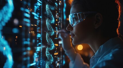 Female Scientist Analyzing Digital Data on Futuristic Transparent Display in Laboratory