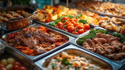 Obraz premium Various dishes are displayed in chafing dishes. This image is ideal for showcasing food service or a catered event.