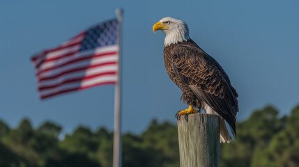 Naklejka premium Bald eagle perched on wooden post with American flag in background. Symbol of freedom and patriotism in the United States.
