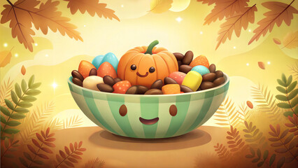 Cute Halloween candy bowl with smiling pumpkin and colorful treats against autumn backdrop