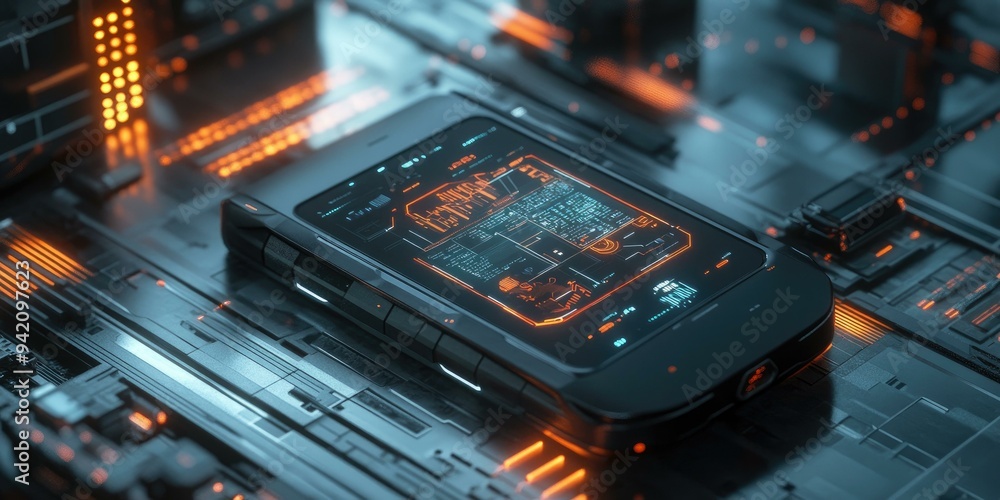 Poster futuristic phone with glowing interface on a metallic surface.