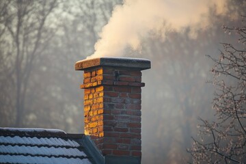 Smoke is coming out of a brick chimney on a cold winter day