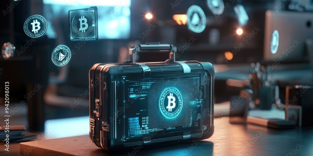 Poster a briefcase with a bitcoin symbol on a screen.