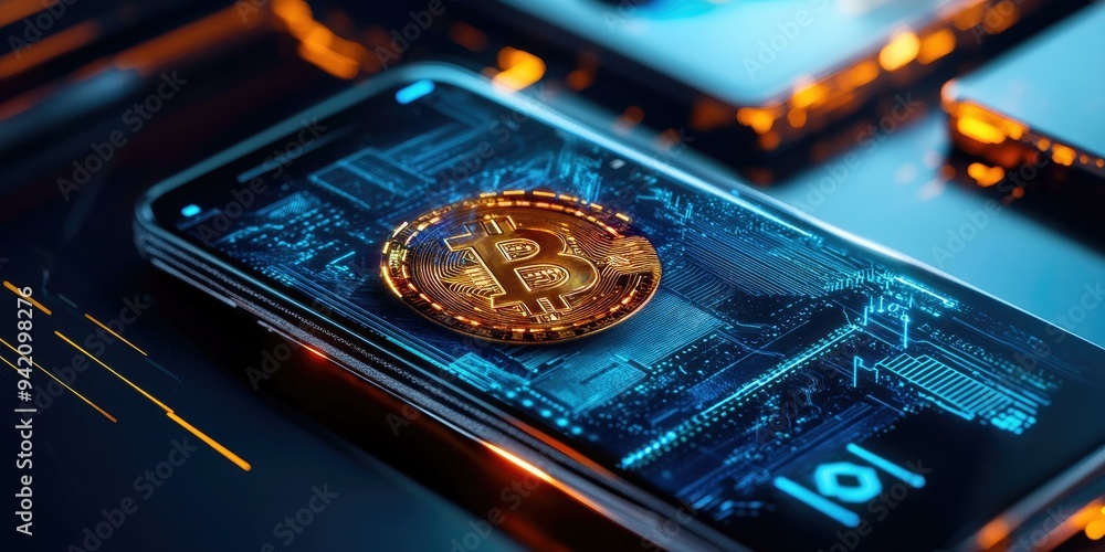 Poster bitcoin displayed on a smartphone screen.
