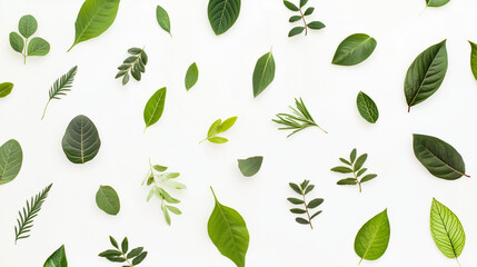 Flat Lay of Assorted Green and Autumn Leaves on White Background