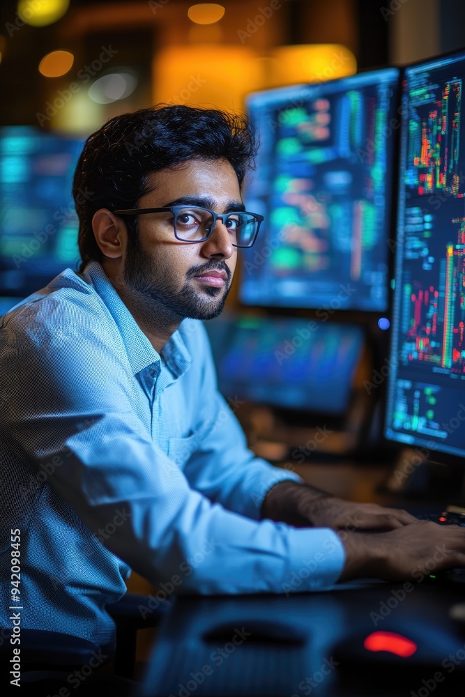 Aufkleber Indian programmer is working late in the office, concentrating on solving a complex problem
