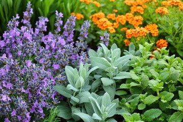 Obraz premium Diverse herb garden with blooming lavender, sage, and mint plants