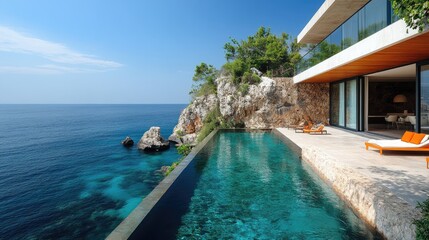 Fototapeta premium Infinity pool overlooking the ocean at a luxurious cliffside villa